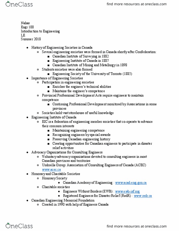 ENGR 100 Lecture Notes - Lecture 12: List Of Engineering Societies, Canadian Council Of Professional Engineers thumbnail