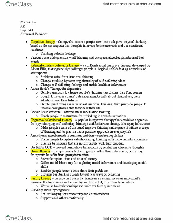 PSYC 340 Lecture Notes - Lecture 11: Cognitive Therapy, Family Therapy, Group Psychotherapy thumbnail
