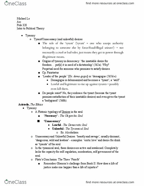 POLS 320 Lecture Notes - Lecture 27: Demagogue, Tyrant, Peisistratos thumbnail