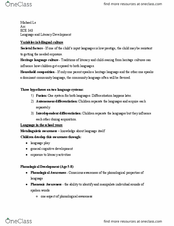 ECE 343 Lecture Notes - Lecture 31: Phonological Awareness, Heritage Language, Sentence Clause Structure thumbnail