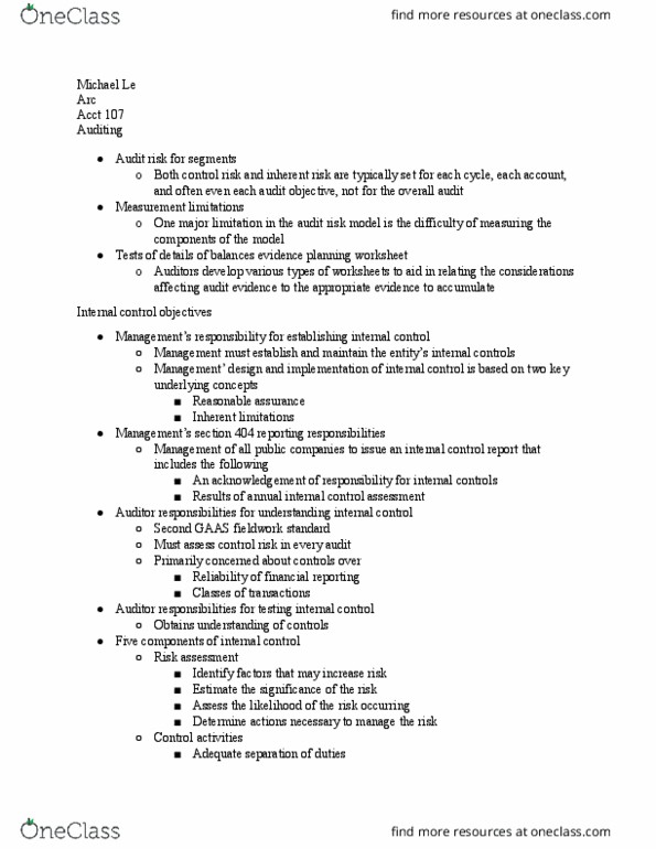 ACCT 107 Lecture Notes - Lecture 12: Audit Risk, Audit Evidence, Internal Control thumbnail