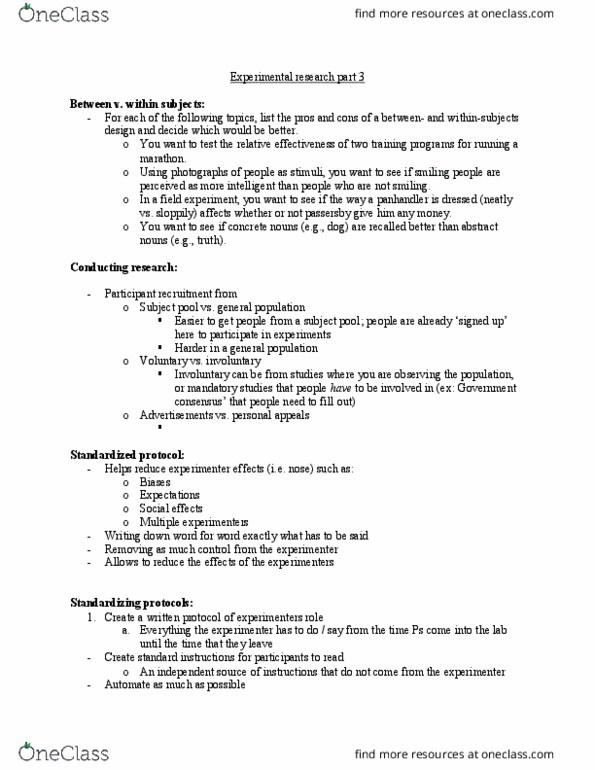 PNB 3RM3 Lecture Notes - Lecture 15: Blind Experiment, Begging, Field Experiment thumbnail