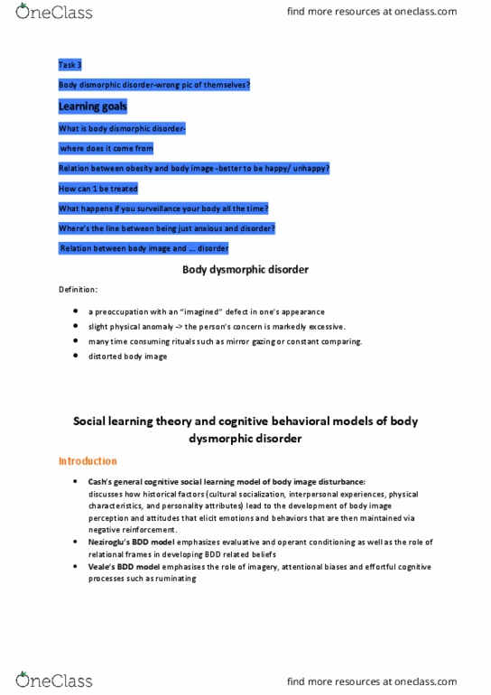 INTBUS 6 Lecture Notes - Lecture 27: Body Dysmorphic Disorder, Relational Frame Theory, Reinforcement thumbnail