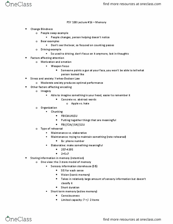 PSY 100 Lecture Notes - Lecture 16: Marsupial, Psy, Iconic Memory thumbnail