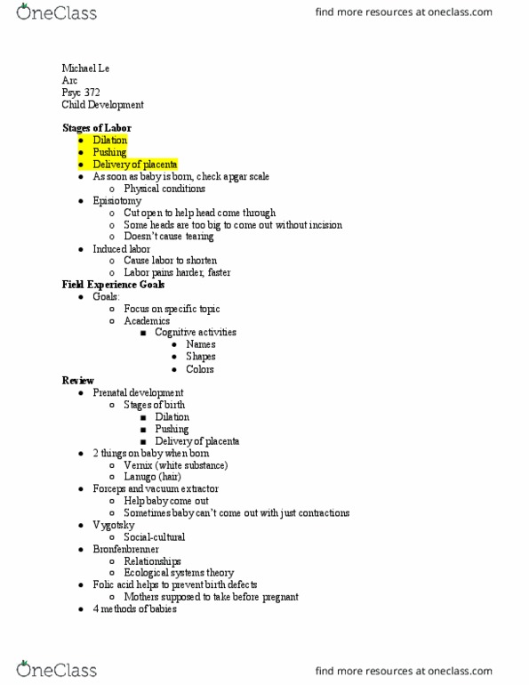 PSYC 372 Lecture Notes - Lecture 19: Dried Fruit, Episiotomy, Apgar Score thumbnail