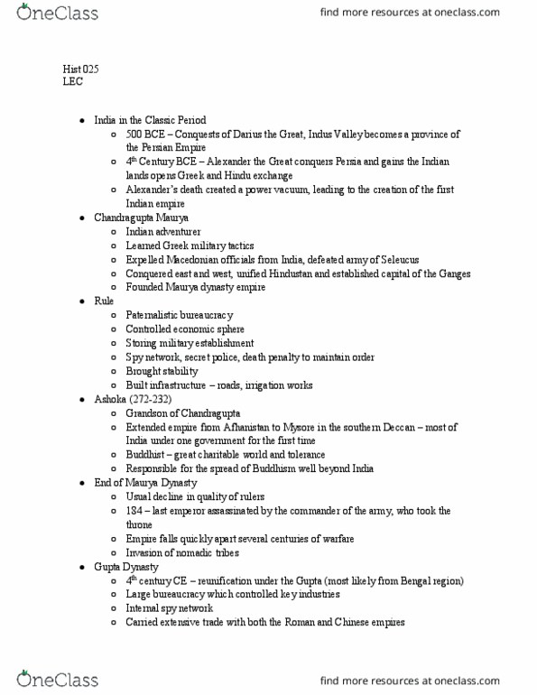 HIST 025 Lecture Notes - Lecture 13: Maurya Empire, Gupta Empire, Deccan Plateau thumbnail