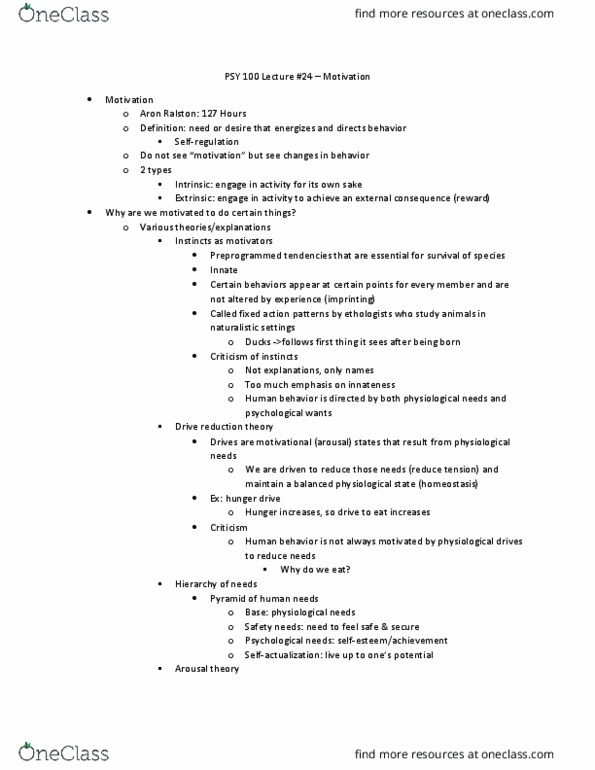 PSY 100 Lecture Notes - Lecture 24: Psy, Human Behavior, Aron Ralston thumbnail