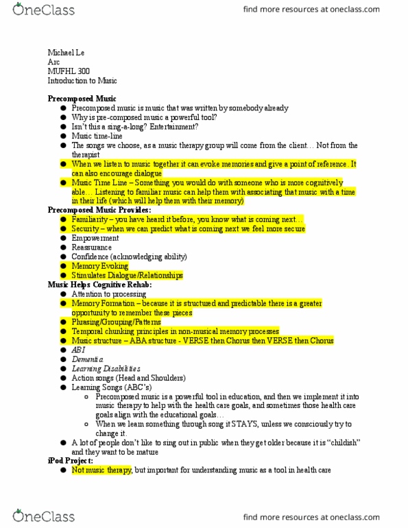 MUFHL 300 Lecture Notes - Lecture 21: Precomposed Character, Song Structure, Music Therapy thumbnail