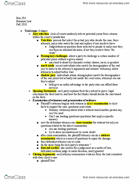 BUS-294 Chapter Notes - Chapter 1: Redirect Examination, Verdict, Voir Dire thumbnail