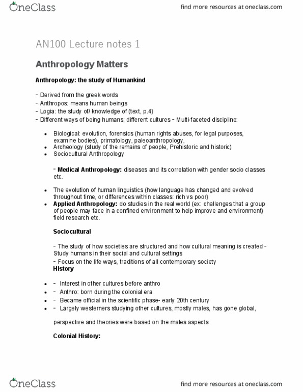 AN100 Lecture Notes - Lecture 1: Sociocultural Anthropology, Medical Anthropology, Adam Kadmon thumbnail