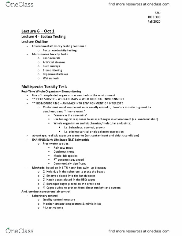 BISC 313 Lecture Notes - Lecture 6: Cutthroat Trout, Rainbow Trout, Biomonitoring thumbnail