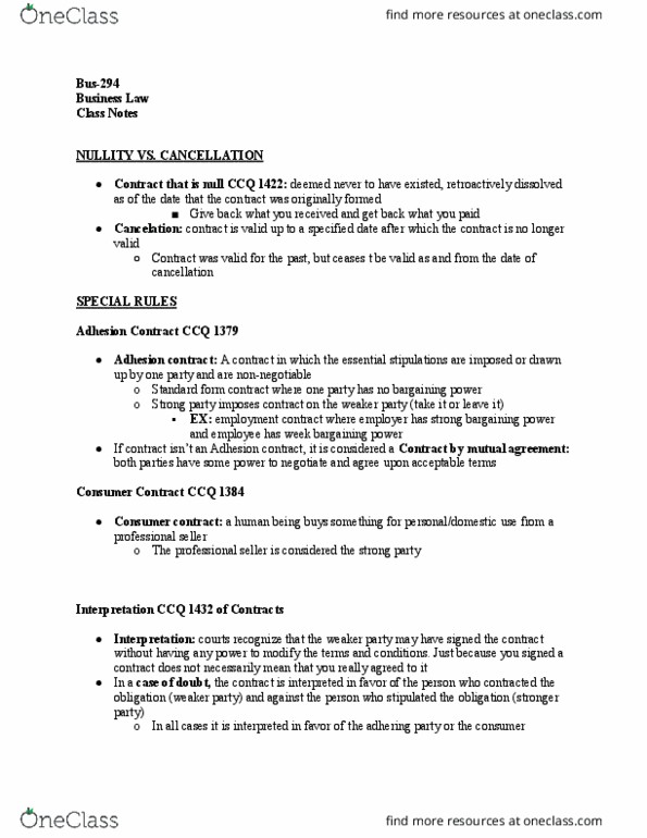 BUS-294 Lecture Notes - Lecture 13: Standard Form Contract thumbnail