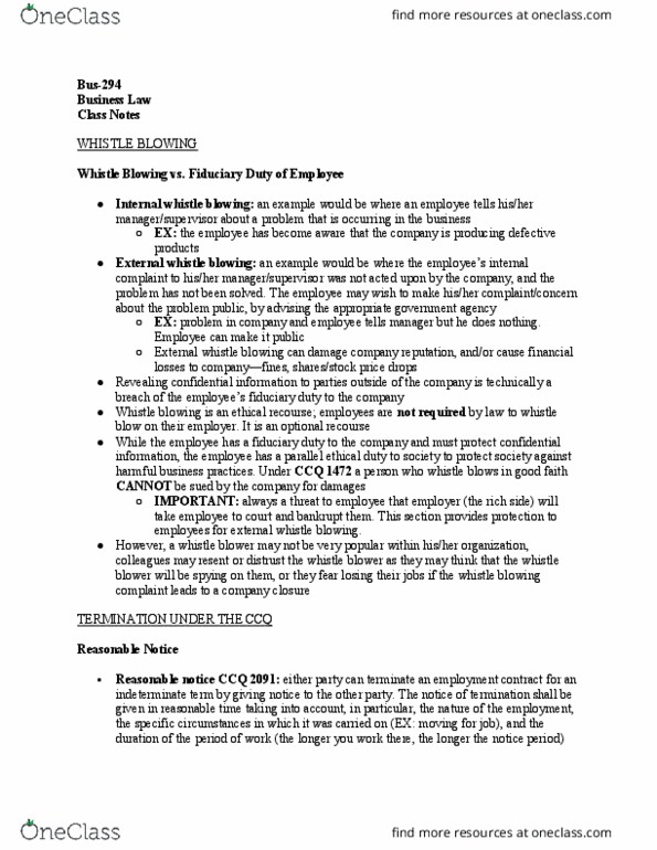 BUS-294 Lecture Notes - Lecture 26: Whistleblower, Fiduciary thumbnail