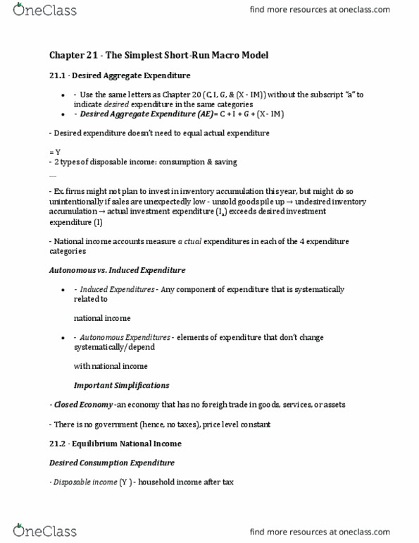 EC140 Lecture Notes - Lecture 21: National Income And Product Accounts, Disposable And Discretionary Income, Autonomous Consumption thumbnail