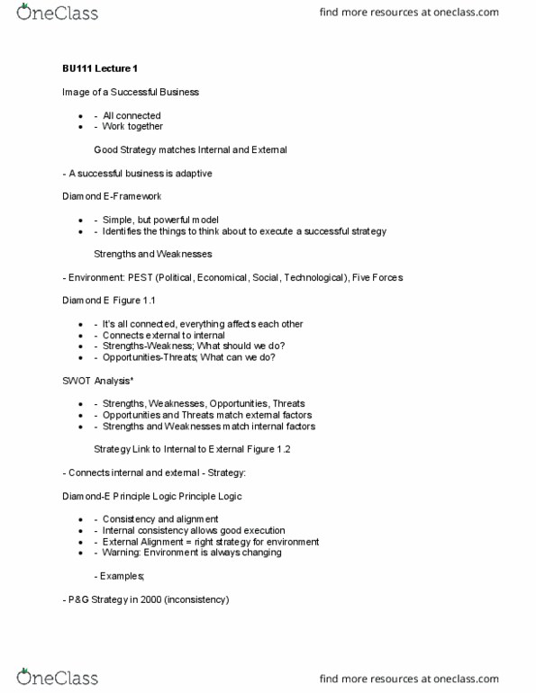 BU111 Lecture Notes - Lecture 1: Swot Analysis, Internal Consistency, Income Statement thumbnail