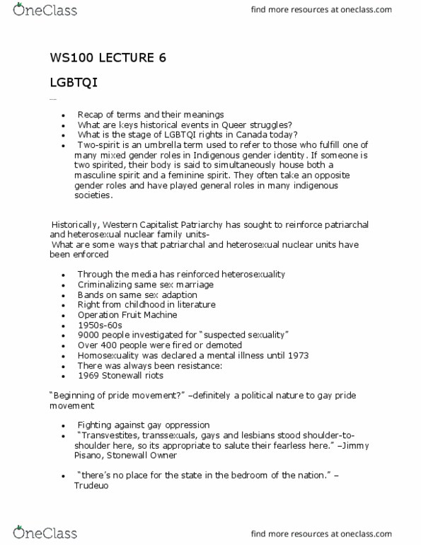 UU150 Lecture Notes - Lecture 6: Stonewall Riots, Nuclear Family, Heterosexuality thumbnail