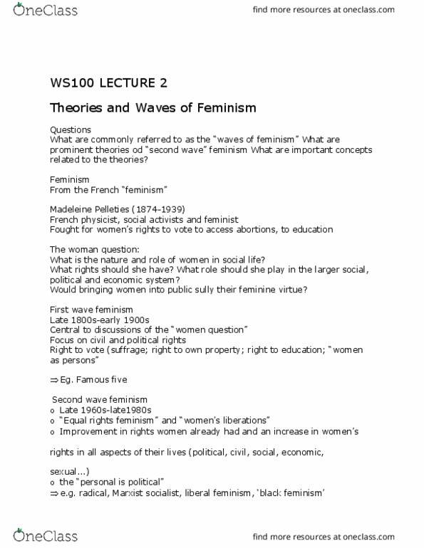 UU150 Lecture Notes - Lecture 2: Second-Wave Feminism, The Woman Question, Liberal Feminism thumbnail