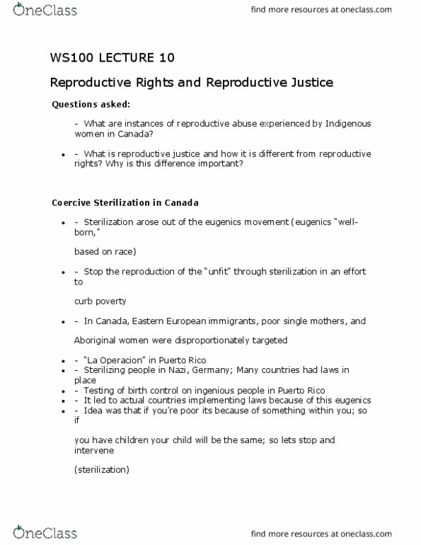 UU150 Lecture Notes - Lecture 10: Poverty In Canada, Reproductive Rights, Sexual Sterilization Act Of Alberta thumbnail