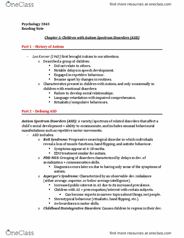 Psychology 2043A/B Chapter Notes - Chapter 5: Rett Syndrome, Dsm-5, Leo Kanner thumbnail