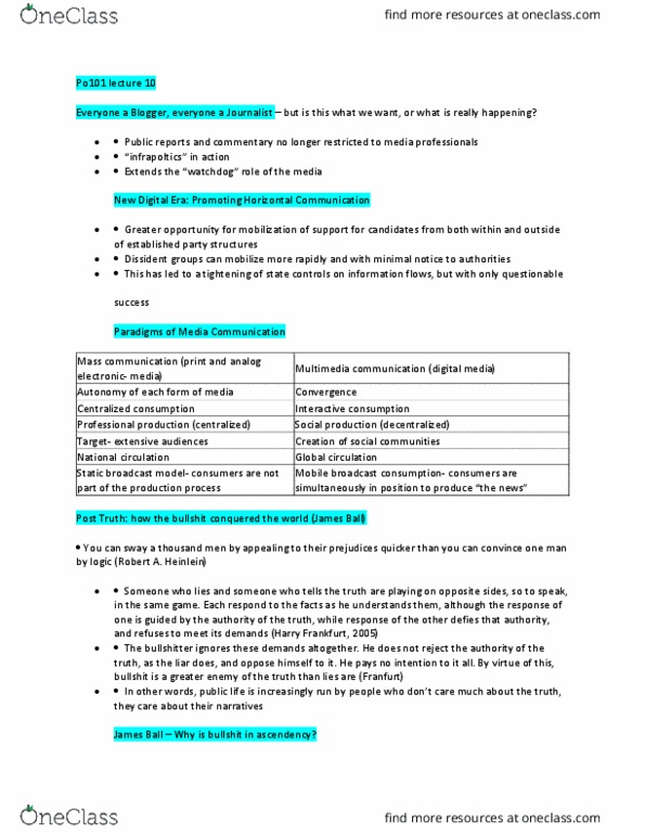 PO101 Lecture Notes - Lecture 10: Harry Frankfurt, Mass Communication, Electoral Fraud thumbnail