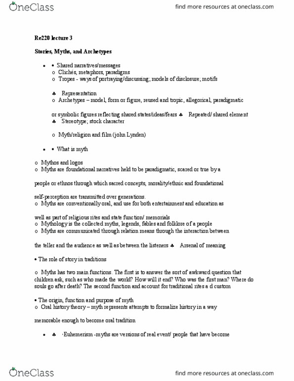 RE220 Lecture Notes - Lecture 3: Euhemerism, Ethnic Group, Etiology thumbnail