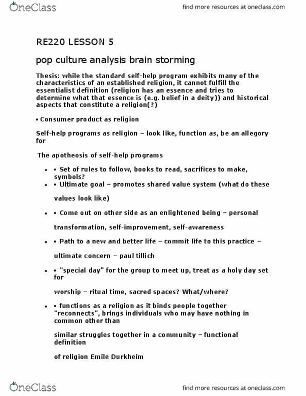 RE220 Lecture Notes - Lecture 5: Paul Tillich, Apotheosis, Essentialism thumbnail