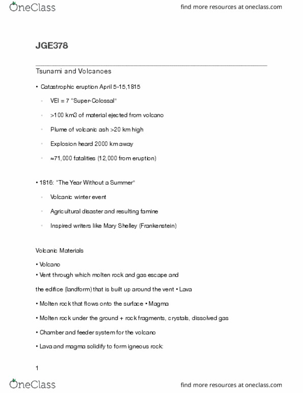 CSC347H5 Lecture Notes - Lecture 5: Volcanic Winter, Volcanic Rock, Igneous Rock thumbnail