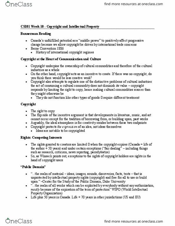 CS101 Lecture Notes - Lecture 10: World Intellectual Property Organization, Middle Power, Copyright Modernization Act thumbnail