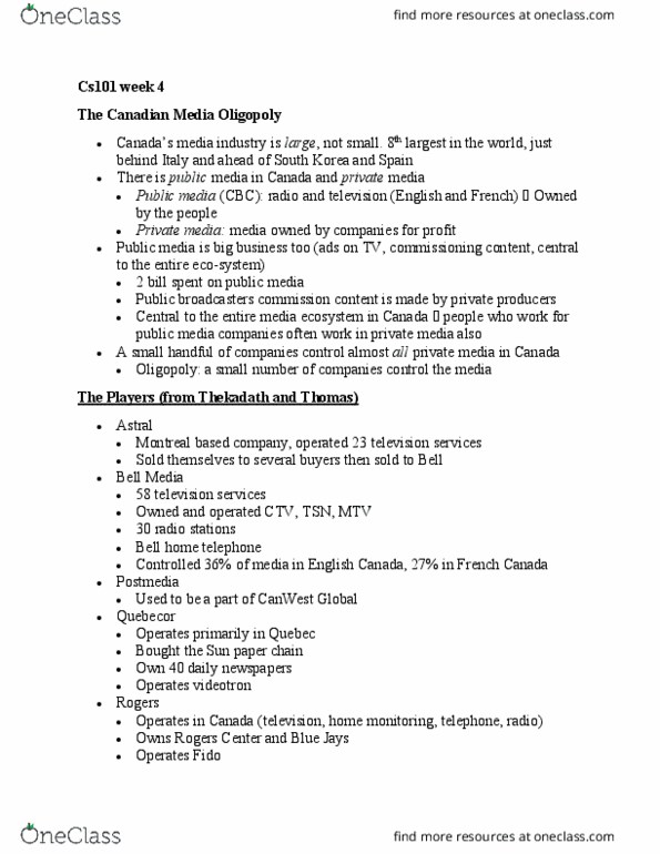 CS101 Lecture Notes - Lecture 4: Canwest, Bell Media, Quebecor thumbnail