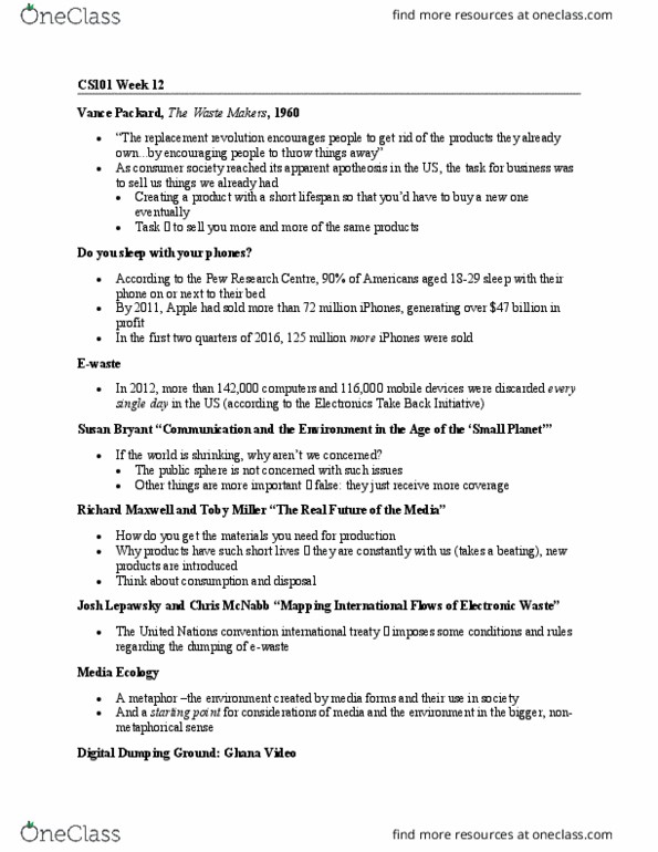 CS101 Lecture Notes - Lecture 12: Pew Research Center, Vance Packard, Toby Miller thumbnail