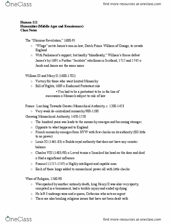 HUMAN-111 Lecture Notes - Lecture 30: Calvinism, Louis Xi Of France, Protestantism thumbnail