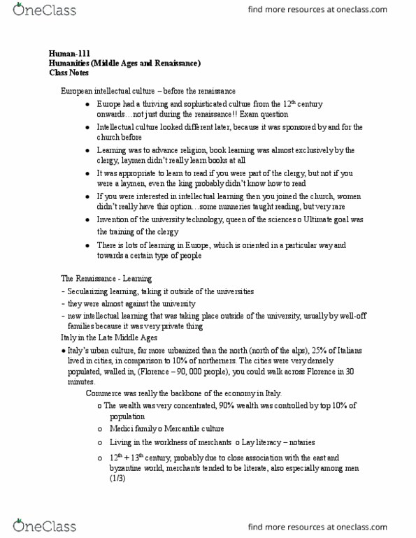 HUMAN-111 Lecture Notes - Lecture 18: Renaissance Learning, Oligarchy, Vatican City thumbnail