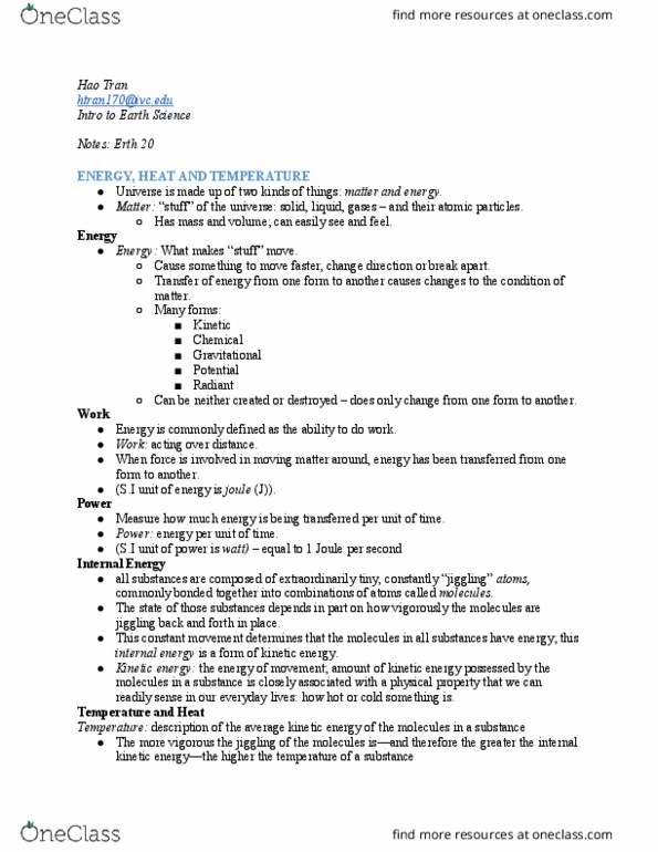 ERTH 20 Lecture Notes - Lecture 13: Kinetic Energy, Thermal Energy, Daniel Gabriel Fahrenheit thumbnail