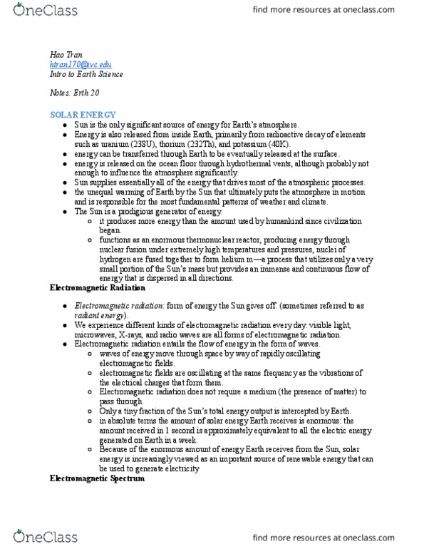 ERTH 20 Lecture Notes - Lecture 14: Electromagnetic Spectrum, Radiant Energy, Radiography thumbnail