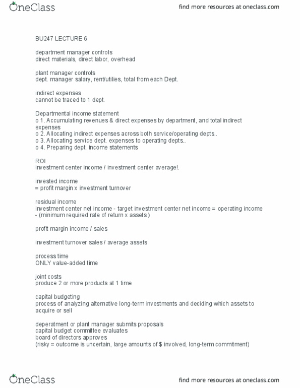 BU247 Lecture Notes - Lecture 6: Capital Budgeting, Profit Margin, Income Statement thumbnail