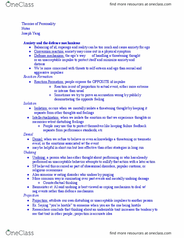 PSY-33 Lecture Notes - Lecture 25: Counterfactual Thinking, Reaction Formation, Defence Mechanisms thumbnail