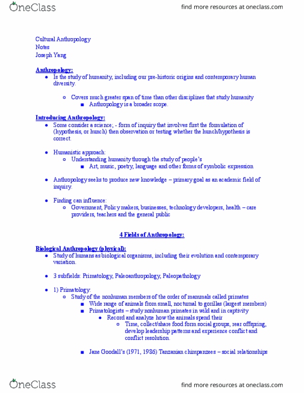 ANT-2 Lecture Notes - Lecture 1: Biological Anthropology, Primatology, Paleopathology thumbnail
