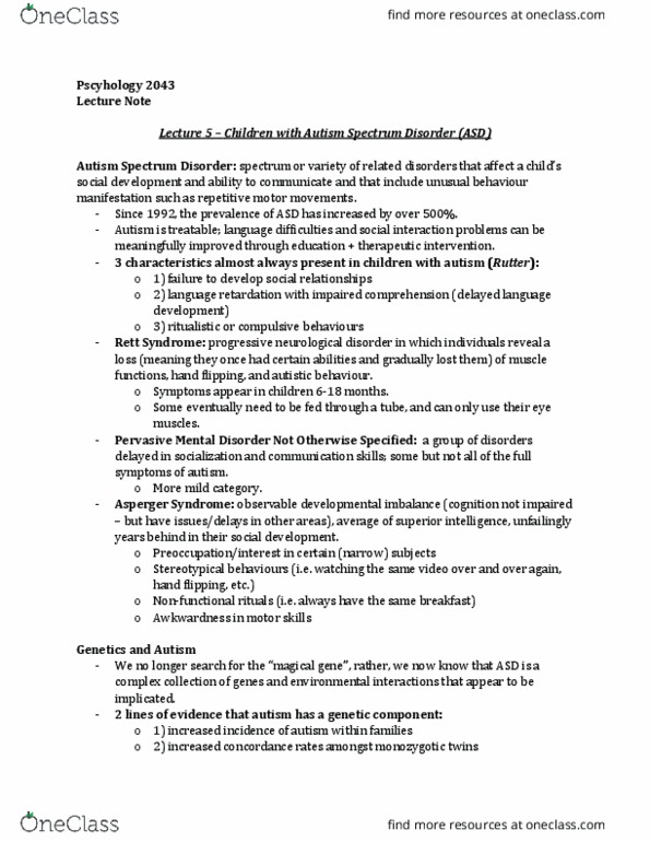Psychology 2043A/B Lecture Notes - Lecture 5: Autism Spectrum, Not Otherwise Specified, Rett Syndrome thumbnail