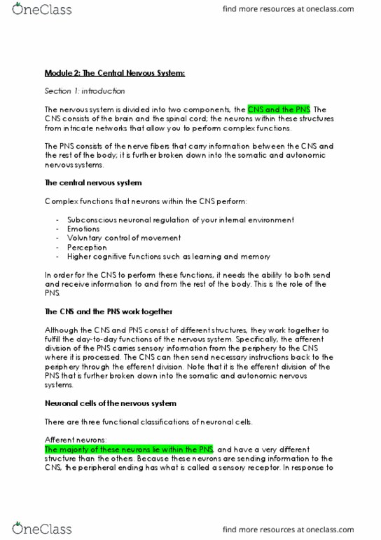 PHGY 214 Lecture Notes - Lecture 2: Autonomic Nervous System, Efferent Nerve Fiber, Afferent Nerve Fiber thumbnail