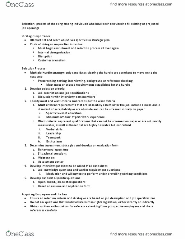 HRM200 Chapter Notes - Chapter 7: Assessment Centre, Essential Selection, Job Performance thumbnail