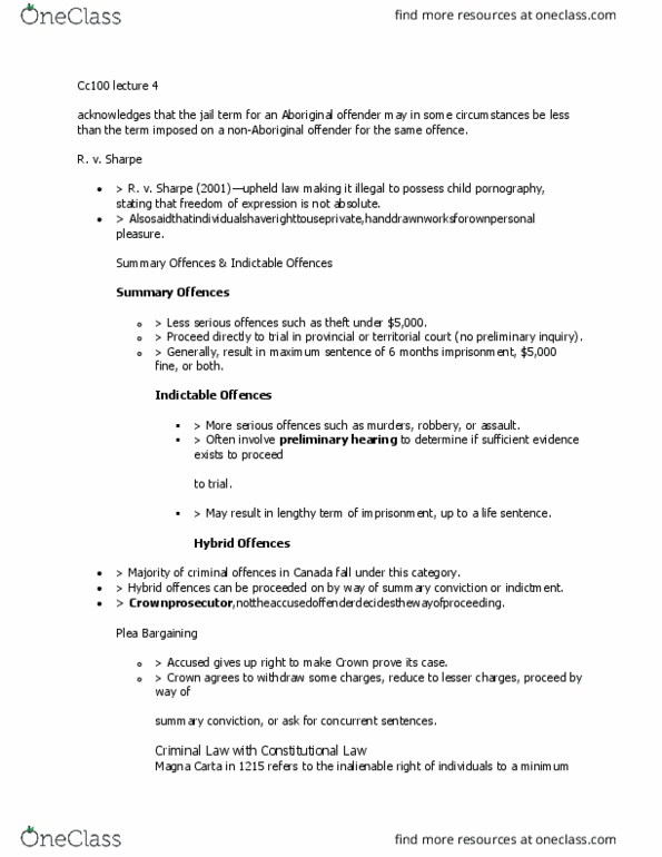 CC100 Lecture Notes - Lecture 4: Summary Offence, Fundamental Justice, Arbitrary Arrest And Detention thumbnail