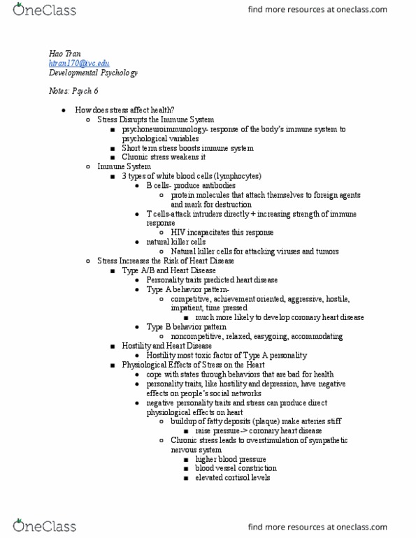 PSYC 6 Lecture Notes - Lecture 24: Natural Killer Cell, Coronary Artery Disease, Sympathetic Nervous System thumbnail