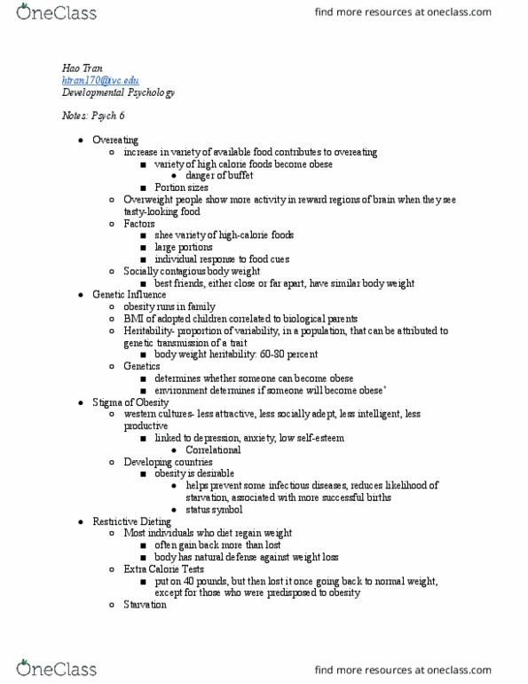 PSYC 6 Lecture Notes - Lecture 22: Weight Gain, Calorie, Heritability thumbnail