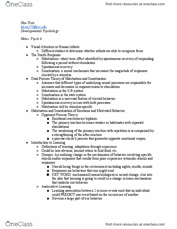 PSYC 6 Lecture Notes - Lecture 26: Habituation, Learning, Psych thumbnail