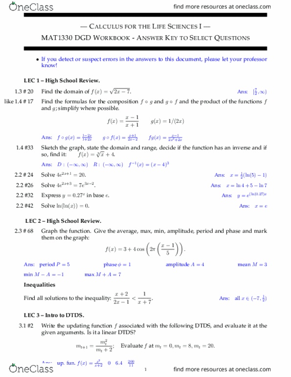 MAT 1330 Lecture Notes - Horse Length, Quadratic Equation, Maxima And Minima thumbnail