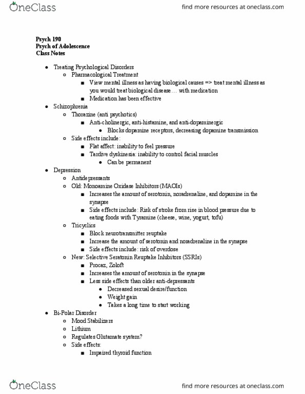 PSYCH-190 Lecture Notes - Lecture 17: Tardive Dyskinesia, Dopamine Antagonist, Tyramine thumbnail