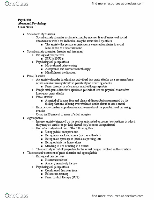 PSYCH-230 Lecture Notes - Lecture 9: Social Anxiety Disorder, Panic Disorder, Anxiety Disorder thumbnail