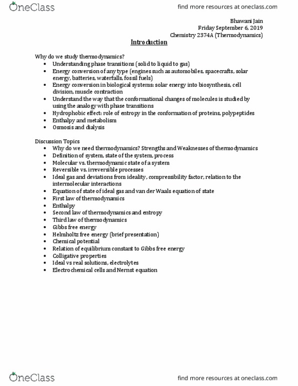 Chemistry 2374A Lecture Notes - Lecture 1: Helmholtz Free Energy, Energy Transformation, Osmosis thumbnail