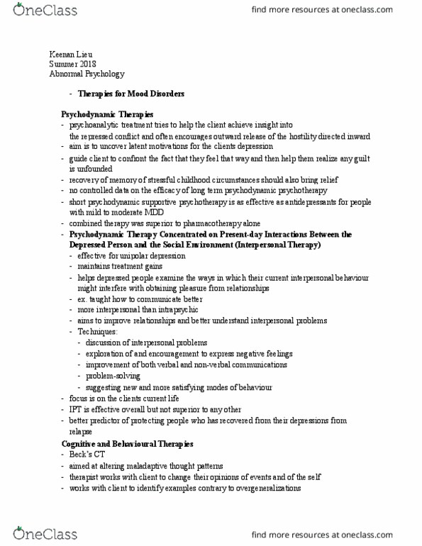 PSY-35 Lecture Notes - Lecture 32: Psychodynamic Psychotherapy, Major Depressive Disorder, Pharmacotherapy thumbnail