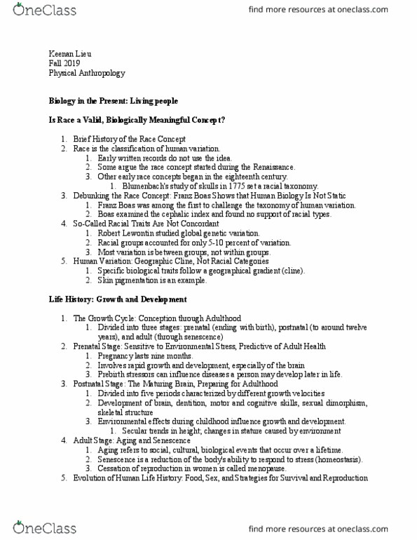 ANT-1 Lecture Notes - Lecture 20: Franz Boas, Richard Lewontin, Menopause thumbnail